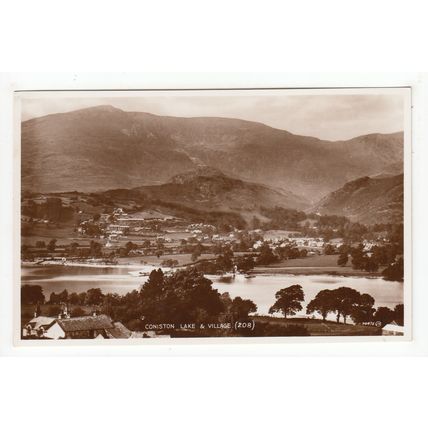 Coniston Lake and Village Postcard RP Lake District Cumbria