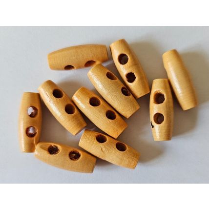 10 Natural Wood Colour Toggle or Horn Wooden Buttons Size 20mm by 7mm