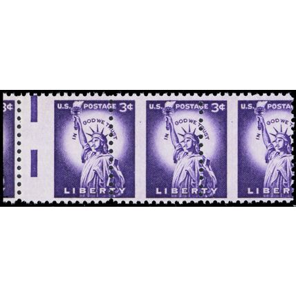 1035, 3¢ Scarce Misperfed Error Strip of 3 Stamps Mint NH - Stuart Katz