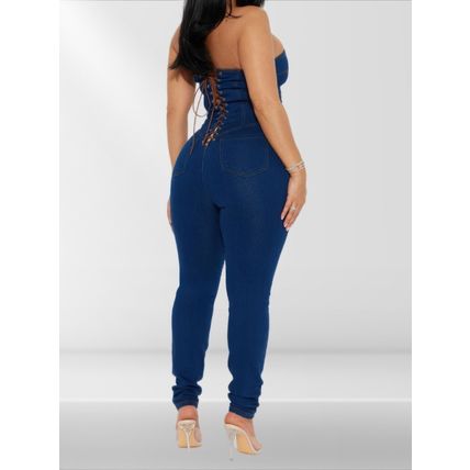 Women's Strapless Denim Jumpsuit With Lace Up Back