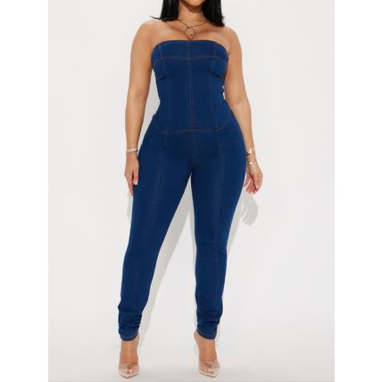 Women's Strapless Denim Jumpsuit With Lace Up Back
