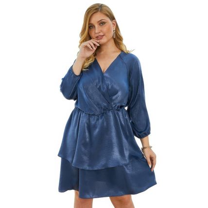 Women's Plus Size Solid V Neck Ruffled Hem Dress