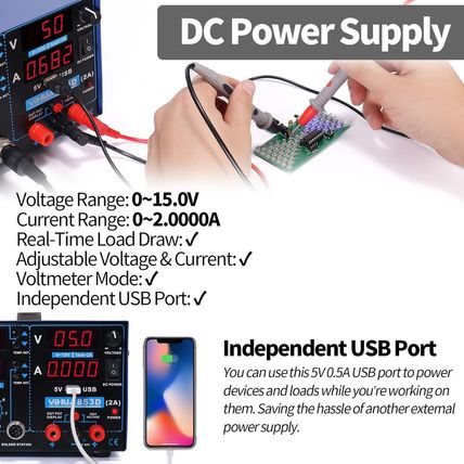 YIHUA 853D 2A USB SMD Hot Air Rework Soldering Iron Station, DC Power Supply 0-1