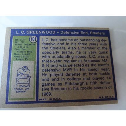 1972 Topps Football Card # 101 L. C. Greenwood Very Good (3) Pittsburgh Steelers