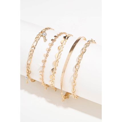 Gold Sweet Heart Rhinestone Dangle 5-piece Anklets