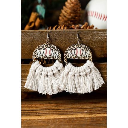 White Leopard Rugby MOM Print Fringed Hook Earrings