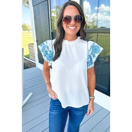 White Embroidered Ruffled Sleeve Frilled Collar Blouse