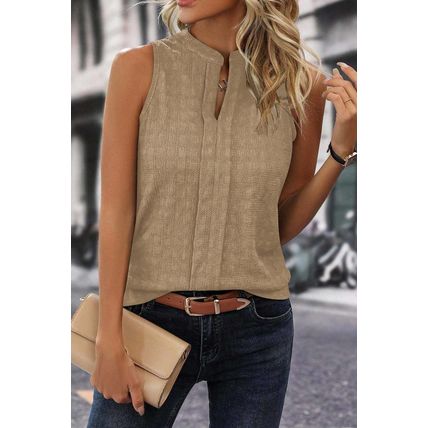 Light French Beige Lattice Textured Split Neck Tank Top