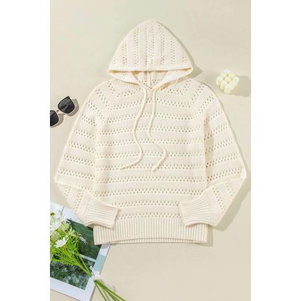 White Pointelle Knit Raglan Sleeve Hooded Sweater