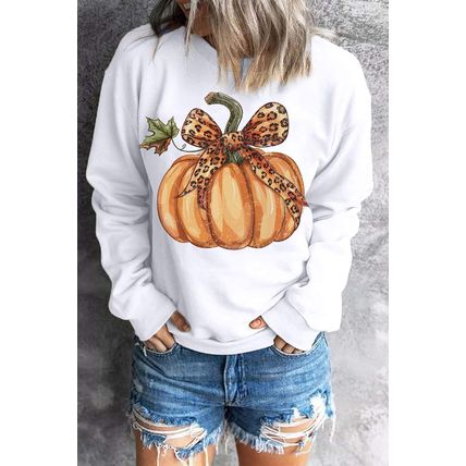 Beige Leopard Bowknot Pumpkin Graphic Crewneck Sweatshirt