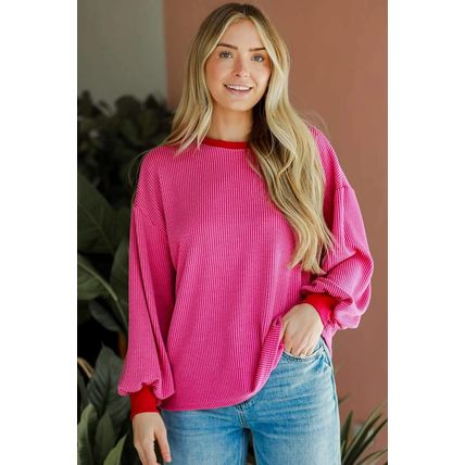 Bright Pink Corded Contrast Edge Drop Shoulder Long Sleeve Top