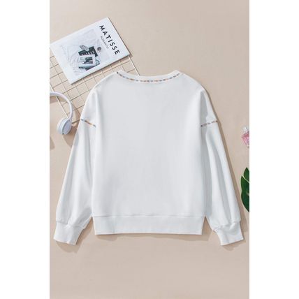 White Contrast Rainbow Trim Drop Shoulder Pullover Sweatshirt