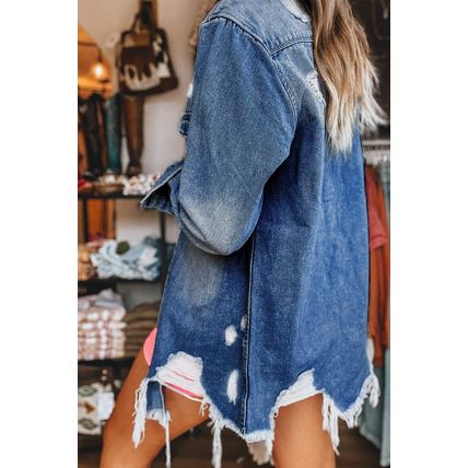 Sky Blue Light Wash Distressed Frayed Long Denim Jacket