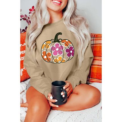Khaki Halloween Floral Pumpkin Graphic Drop Shoulder Sweatshirt