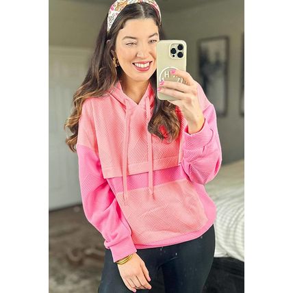 Pink Textured Color Block Kangaroo Pocket Drop Shoulder Hoodie