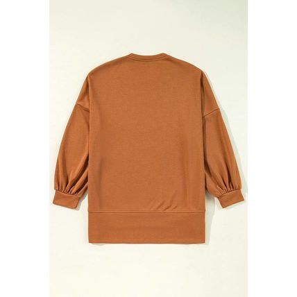 Chestnut Sequin Happy Halloween Graphic Notched Neck Long Sleeve Loose Top