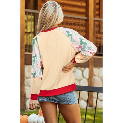 Beige Bowknot Printed Patchwork Raglan Sleeve Colorblock Edge Top