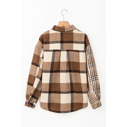 Light French Beige Flannel Plaid Double Flap Pocket Shacket