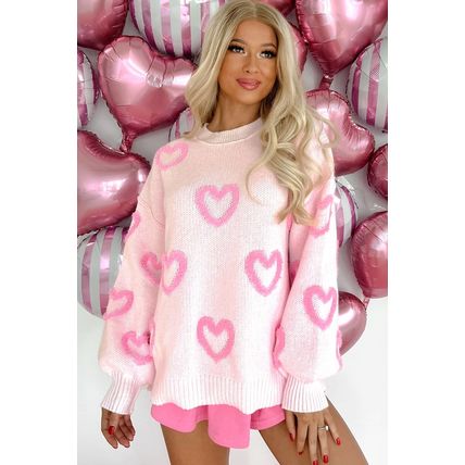 Pink Heart Shape Bubble Sleeve Baggy Sweater