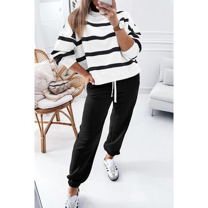 Black Stripe Drop Shoulder Pullover and Jogger Pants Set
