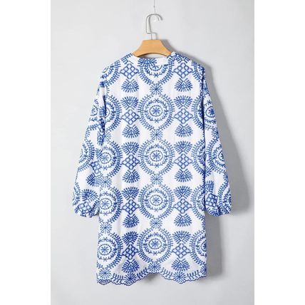 Blue Boho Floral Embroidered Notch V Neck Shift Mini Dress