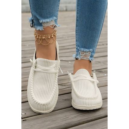 White Solid Ribbed Criss Cross Slip On Casual Shoes