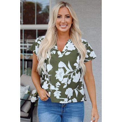 Green Floral Print Split Neck Short Sleeve Blouse