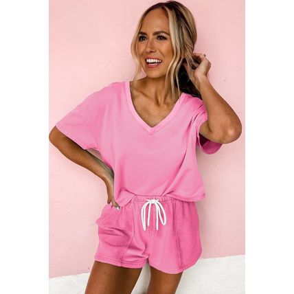 Bonbon V Neck Drop Shoulder Tee and Patchwork Drawstring Shorts Set