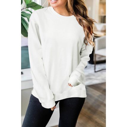 Beige Plain Crew Neck Pullover Sweatshirt