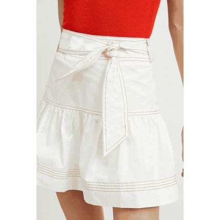 White Contrast Stitching Trim Knotted High Waist A-Line Mini Skirt
