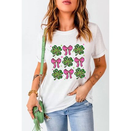 White St Patrick Shamrock Bowknot Printed Crewneck Tee