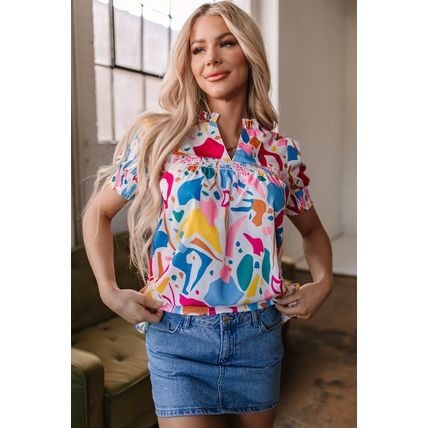 Multicolour Abstract Print Lace Detail Shirred Short Sleeve Split Neck Blouse