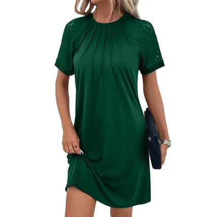 Green Contrast Lace Raglan Sleeve Pleated Detail Shift Dress