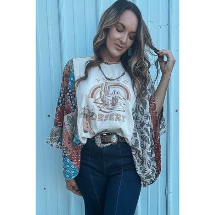Multicolour Asymmetric Printed Patchwork Sleeve Peace Desert Graphic Top
