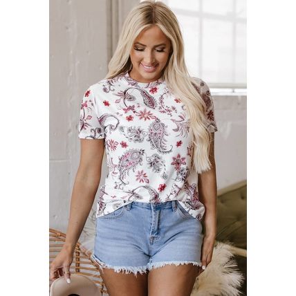 White Vintage Paisley Mock Neck T Shirt