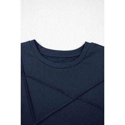 Dirty blue Solid Color Toothpick Stripe Round Neck T Shirt