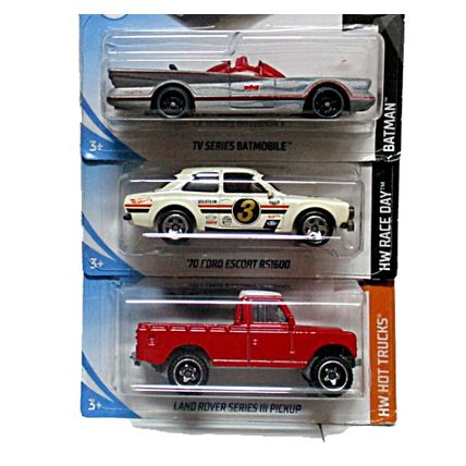 Set*3 Car Models, Land Rover/1970 Ford Escort/Batmobile, HotWheels Scale 1:64