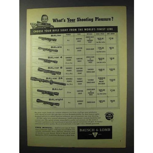 1958 Bausch & Lomb Rifle Sights Ad - BALfor, BALsix