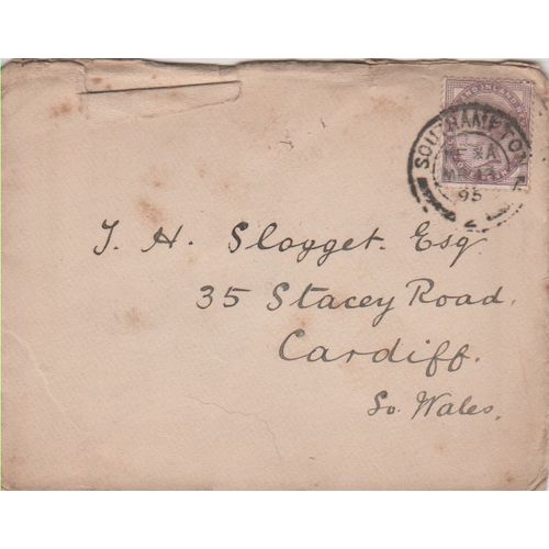 GB 1895 cover Southampton to Cardiff with nice 1d Lilac stamp see others