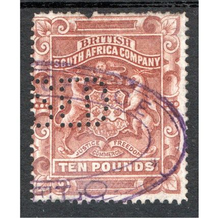 1892 BSAC RHODESIA Sg13 £10 Brown used perfin (BDo28)