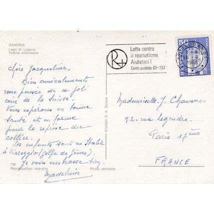 Gandria Lago Lugano Switzerland Postcard posted 1968 crease