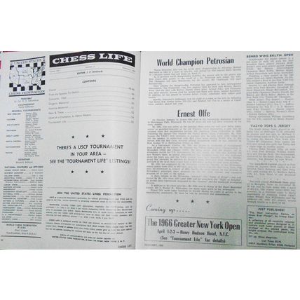 Chess Life, February 1966 - Petrosian; Spassky-Tal match, Erevan 1965, etc..