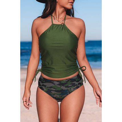 Green Camouflage Print Halter Neck Backless Two-piece Swimsuit