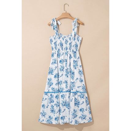 Sky Blue Floral Print Shirred Knot Shoulder Sleeveless Long Dress
