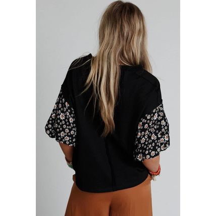 Black Contrast Floral Puff Sleeve Oversized Top