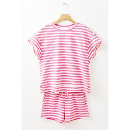 Rose Stripe Crew Neck T Shirt and Drawstring Shorts Set
