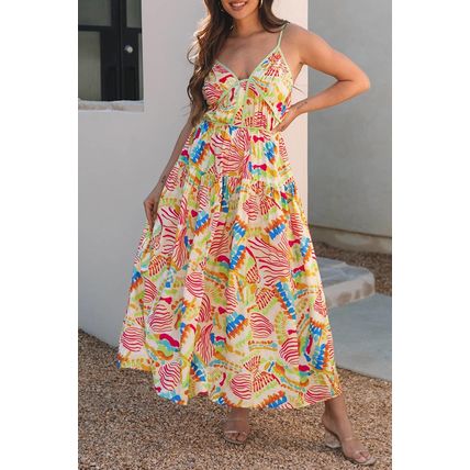 Orange Abstract Print Spaghetti Strap Piping Detail Maxi Dres