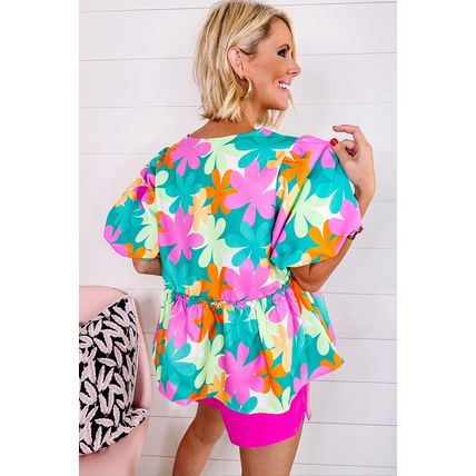 Pink Floral Print Bubble Sleeve V Neck Peplum Blouse