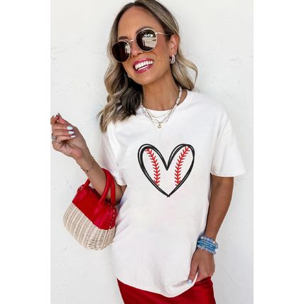 White Baseball Heart Shape Embroidery Graphic Tee