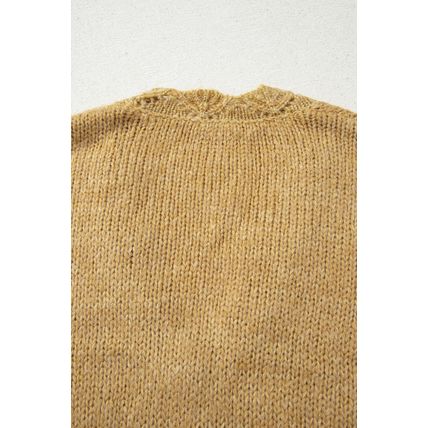 Light French Beige Lantern Sleeve Scallop V Neck Buttoned Front Cardigan